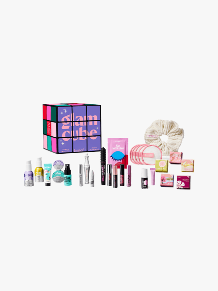 Benefit Glam Cube Advent Calendar in branded cube with multiple branded components on a light gray background