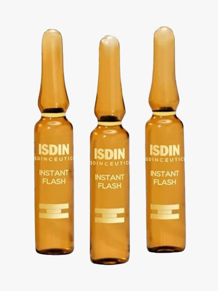 Isdin Isdinceutics Instant Flash Firming and Lifting Serum three gold ampoules on light gray background